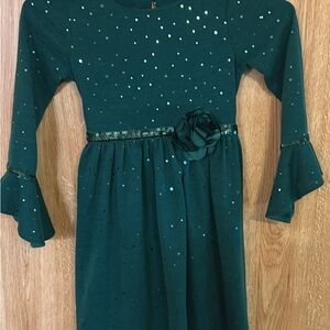 Green Sequin Embellished A-line Dress with Bell Sleeves